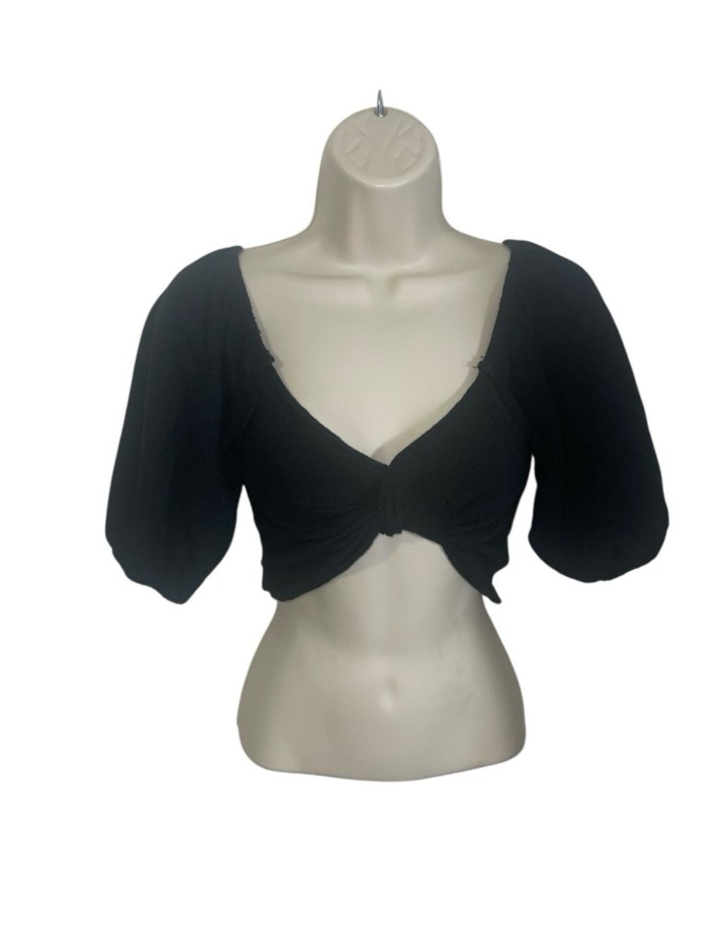 JUNIPER BLU Women's Size Small Black Twist Front Puff Sleeve Cropped Top